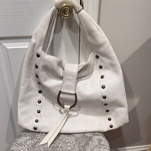Donald J. Pliner White Stud-Trim Shoulder Hobo with Ring Tassel